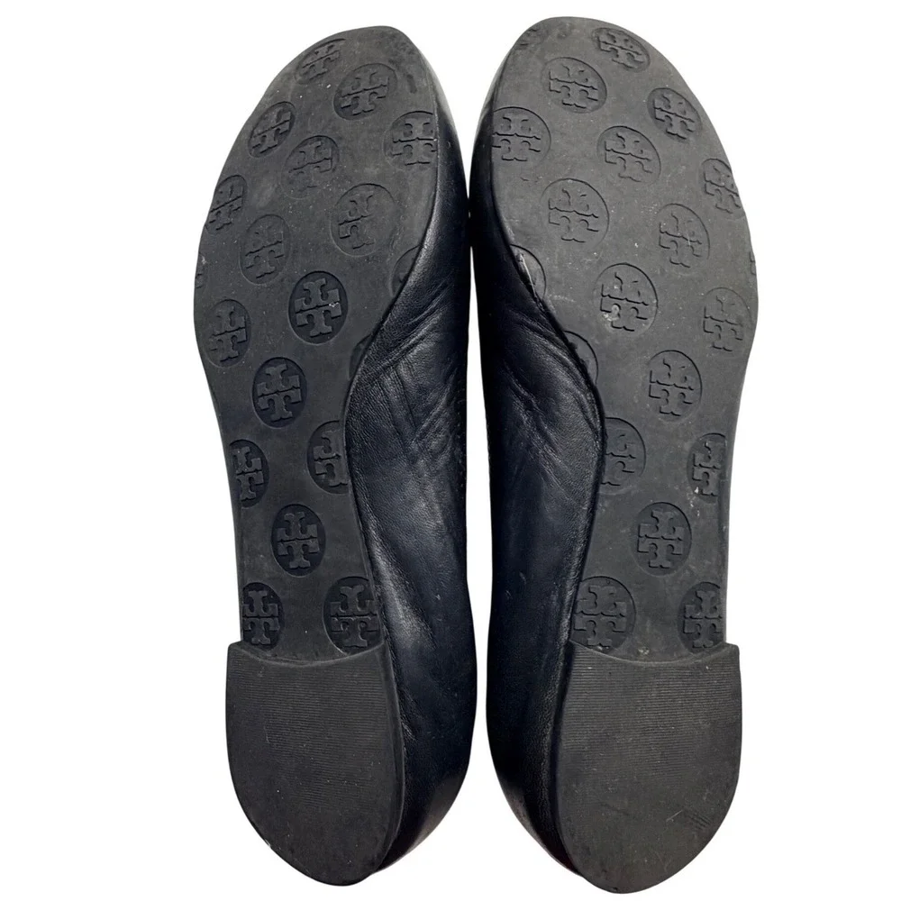 Tory Burch Reva Ballet Flats Black Leather Gold Logo Round Toe Women's 7‎